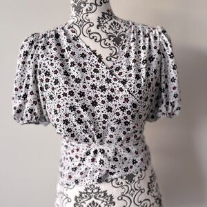 Zara Floral Wrap Crossover Crop Top Shirt Blouse Short Sleeve White Black Red S